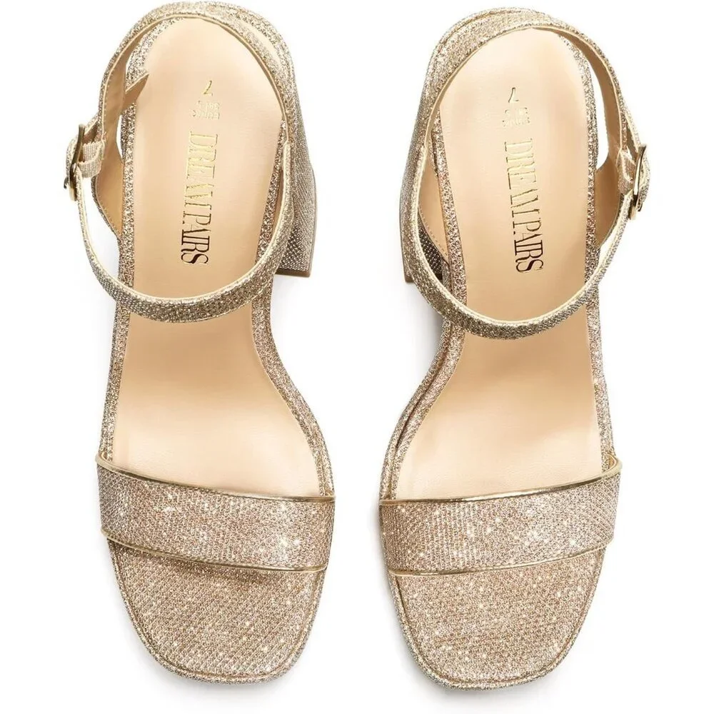 Women's Gold -Glitter Open Toe Chunky Ankle Strap Stylish Sandal Heel Shoe
